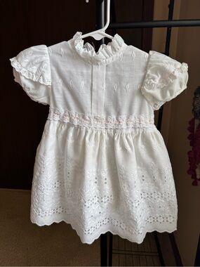 Vintage Union Made White Eyelet Baby Dress with Ruffled Collar and Sleeve Decor